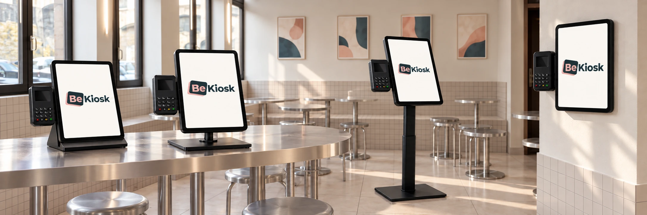 Les quatre bornes BEKIOSK 14 pouces dans un restaurant : socle bas, pied court, sur pied au sol et murale