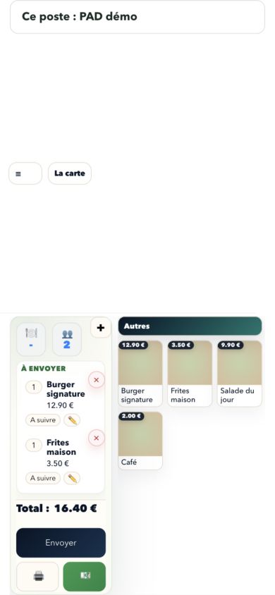 Interface réelle du PAD serveur sur téléphone, avec produits et panier de commande