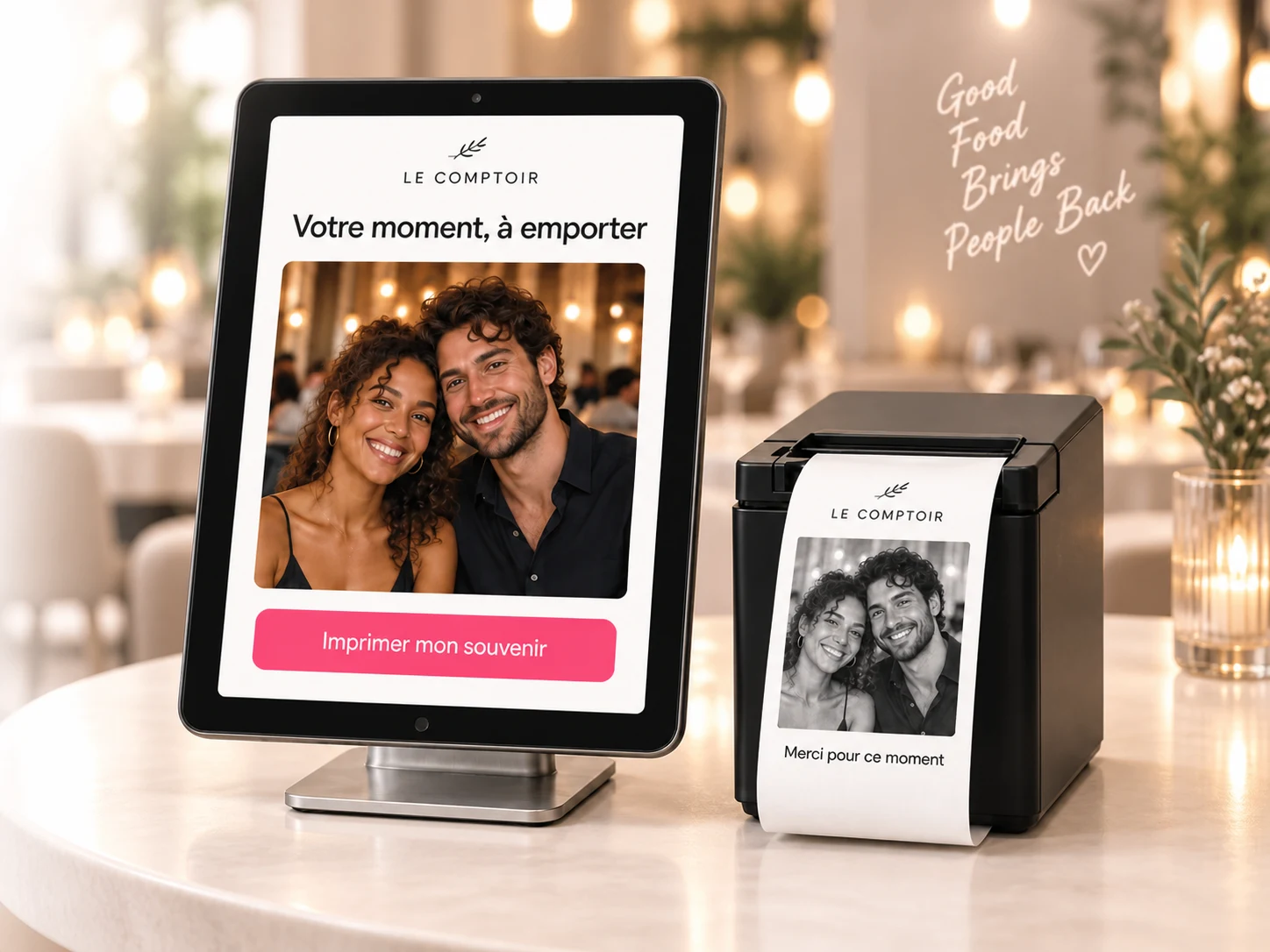 Tablette proposant une photo souvenir et imprimante délivrant le souvenir d’un couple au restaurant