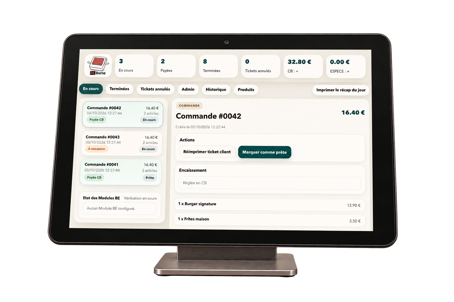 Tablette détourée affichant le panel de gestion de l’application BEBORNE